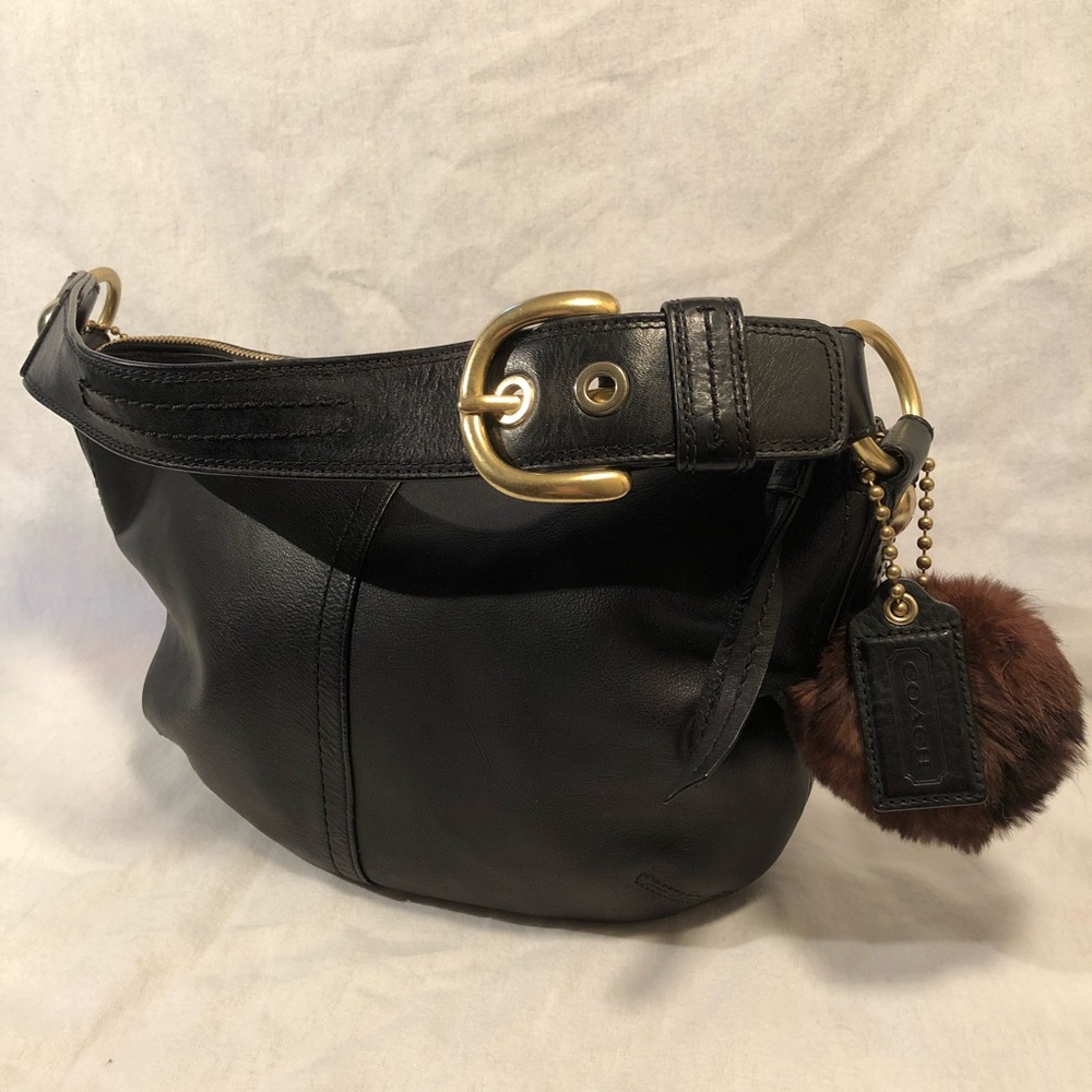 Coach Leather Hobo With Real Fur Pom